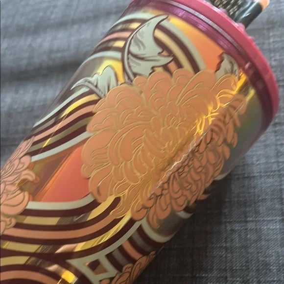 BNWT Starbucks Floral Insulated Holographic Gold & Pink Tumbler w/Flower Topper - Picture 5 of 6